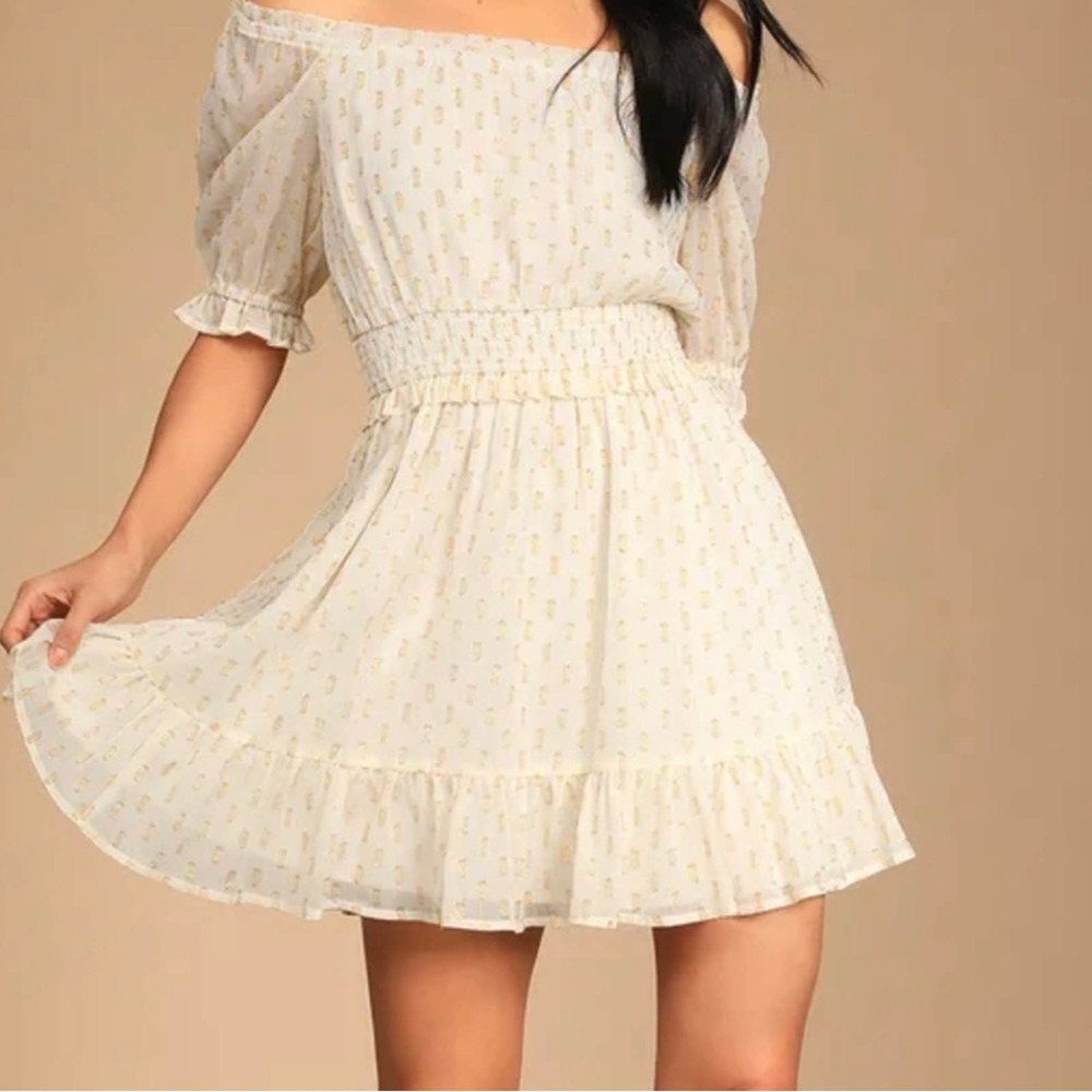 Lulu's Touch of Glam White Dotted Off-the-Shoulder Mini Dress Size Medium NWT